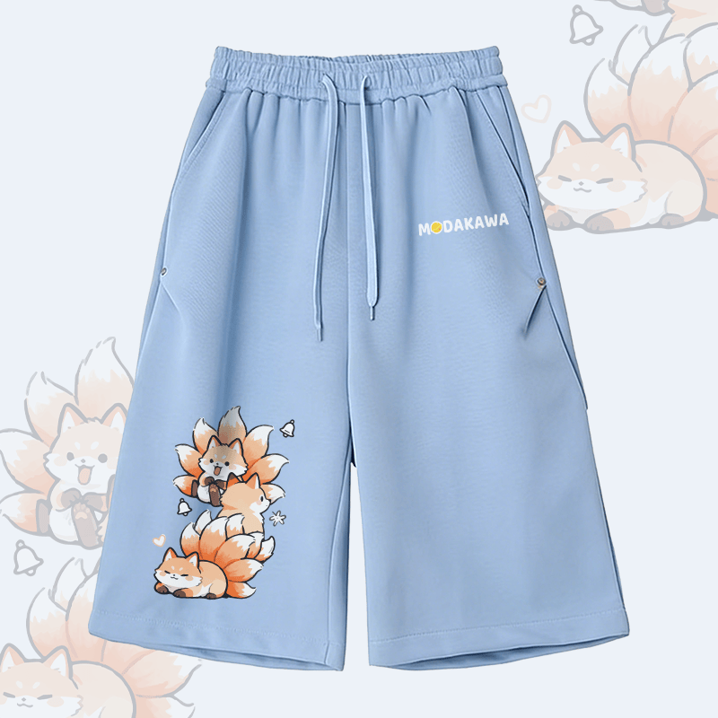 Nine-Tailed Fox Graphic Modakawa Wide Leg Cropped Pants - Blue - 2XL - image 2