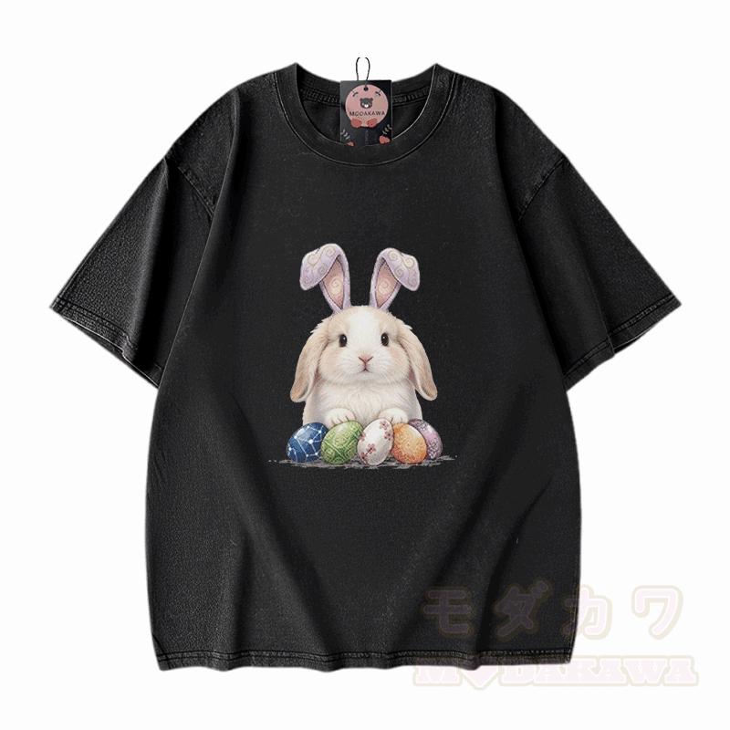 Easter Egg Bunny Graphic Modakawa Unisex Vintage Washed T-shirt - Black - 5XL - image 1
