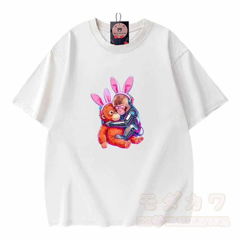 Hugging Cyber Monkey Graphic Modakawa Vintage Washed 100% Cotton T-shirt - White - 5XL - image 3