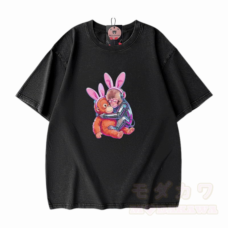 Hugging Cyber Monkey Graphic Modakawa Vintage Washed 100% Cotton T-shirt - Black - 5XL - image 2