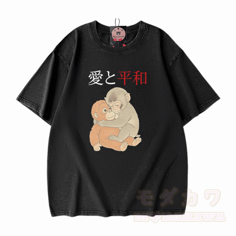Peace Love Hugging PUNCH Monkey Graphic Modakawa Vintage Washed 100% Cotton T-shirt - Black - 5XL - image 1
