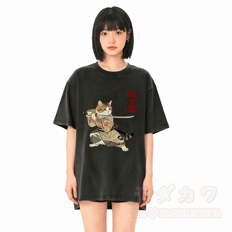 Samurai Cat Graphic Modakawa Vintage Washed 100% Cotton T-shirt - image 2