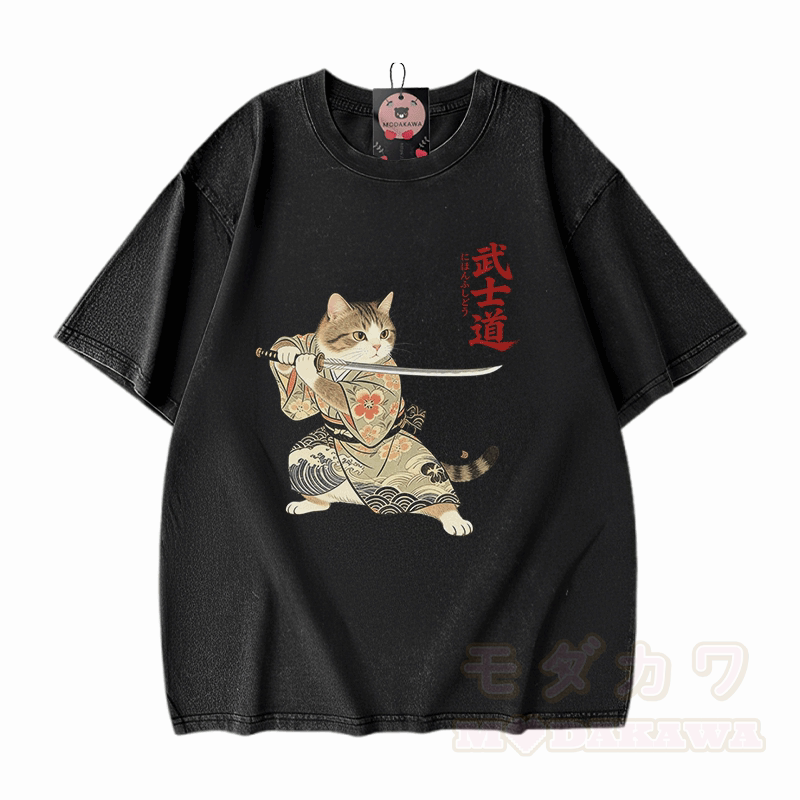Samurai Cat Graphic Modakawa Vintage Washed 100% Cotton T-shirt - Black - 5XL - image 1