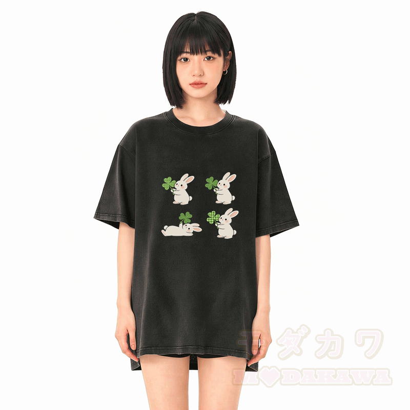 St. Patrick's Day Bunny Graphic Modakawa Vintage Washed 100% Cotton T-shirt - image 2