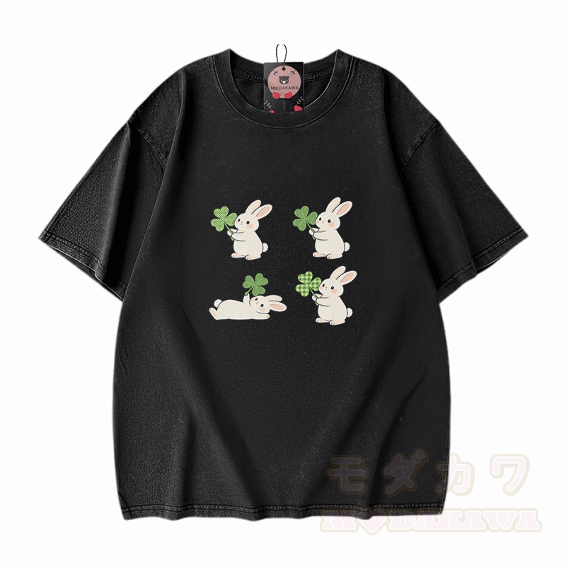 St. Patrick's Day Bunny Graphic Modakawa Vintage Washed 100% Cotton T-shirt - Black - 5XL - image 1