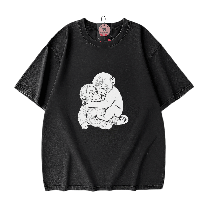 Monkey Hug Graphic Modakawa Vintage Washed 100% Cotton T-shirt - Black - 5XL - image 2