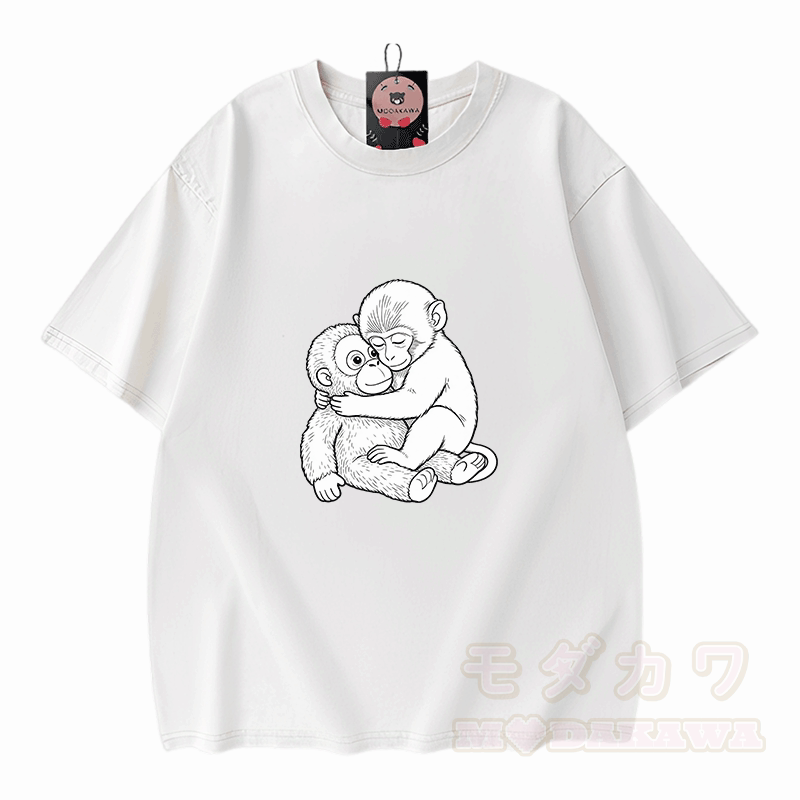 Monkey Hug Graphic Modakawa Vintage Washed 100% Cotton T-shirt - White - 5XL - image 3