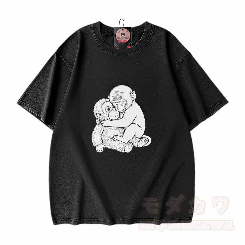 Monkey Hug Graphic Modakawa Vintage Washed 100% Cotton T-shirt - Black - 5XL - image 2
