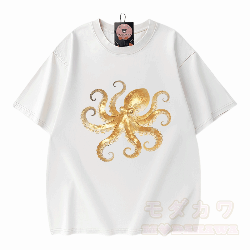 Octopus Graphic Modakawa Vintage Washed 100% Cotton T-shirt - White - 5XL - image 3