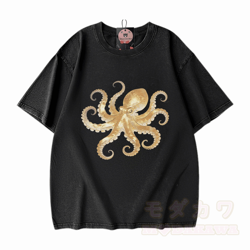 Octopus Graphic Modakawa Vintage Washed 100% Cotton T-shirt - Black - 5XL - image 2