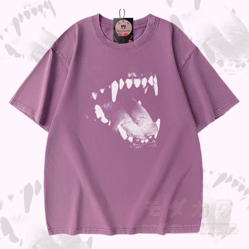 Dog Fangs Graphic Modakawa Vintage Washed 100% Cotton T-shirt - Purple - 5XL - image 4