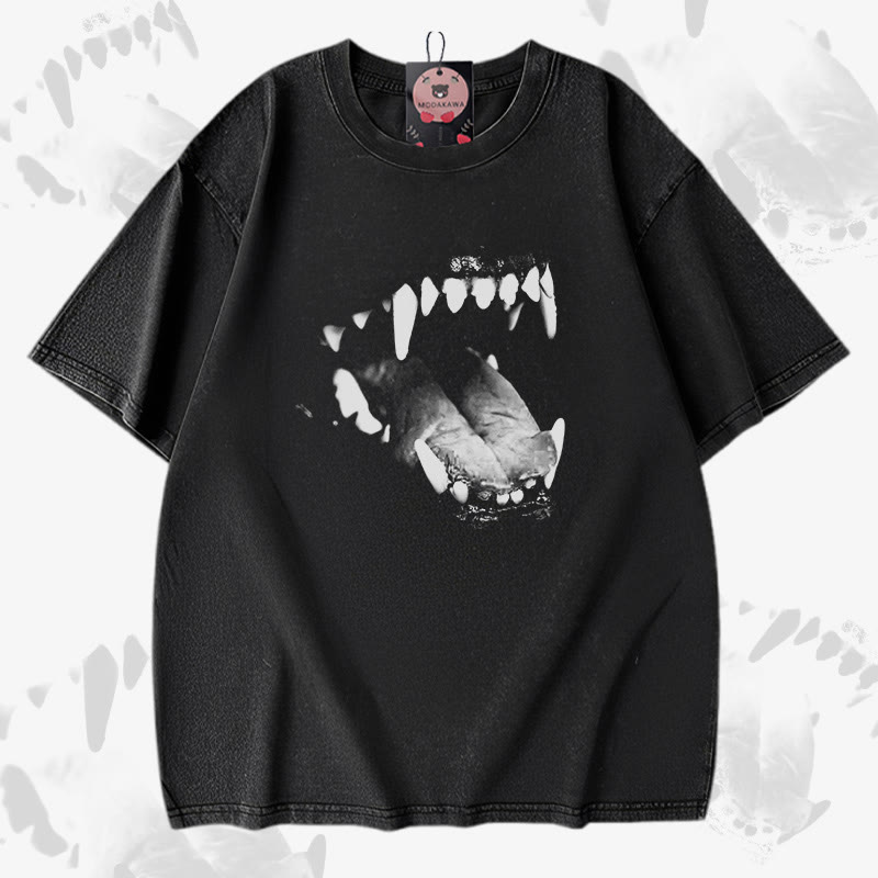 Dog Fangs Graphic Modakawa Vintage Washed 100% Cotton T-shirt - Black - 5XL - image 2