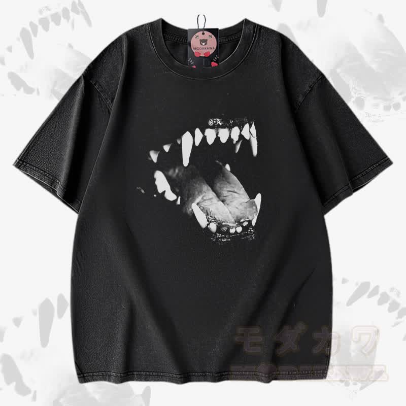 Dog Fangs Graphic Modakawa Vintage Washed 100% Cotton T-shirt - Black - 5XL - image 2