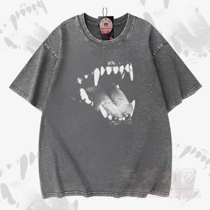 Dog Fangs Graphic Modakawa Vintage Washed 100% Cotton T-shirt - Grey - 5XL - image 3