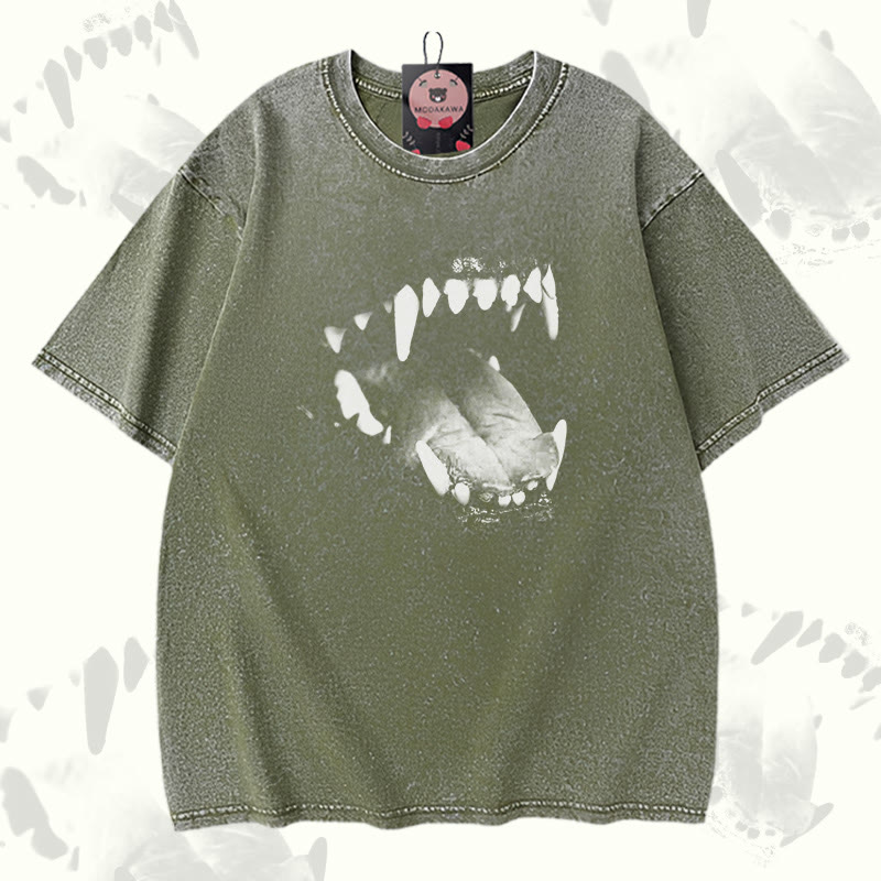 Dog Fangs Graphic Modakawa Vintage Washed 100% Cotton T-shirt - Green - 5XL - image 1