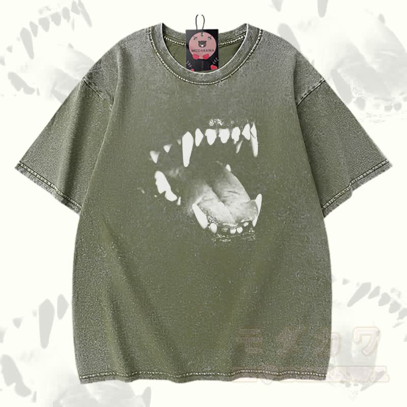 Dog Fangs Graphic Modakawa Vintage Washed 100% Cotton T-shirt - Green - 5XL - image 1
