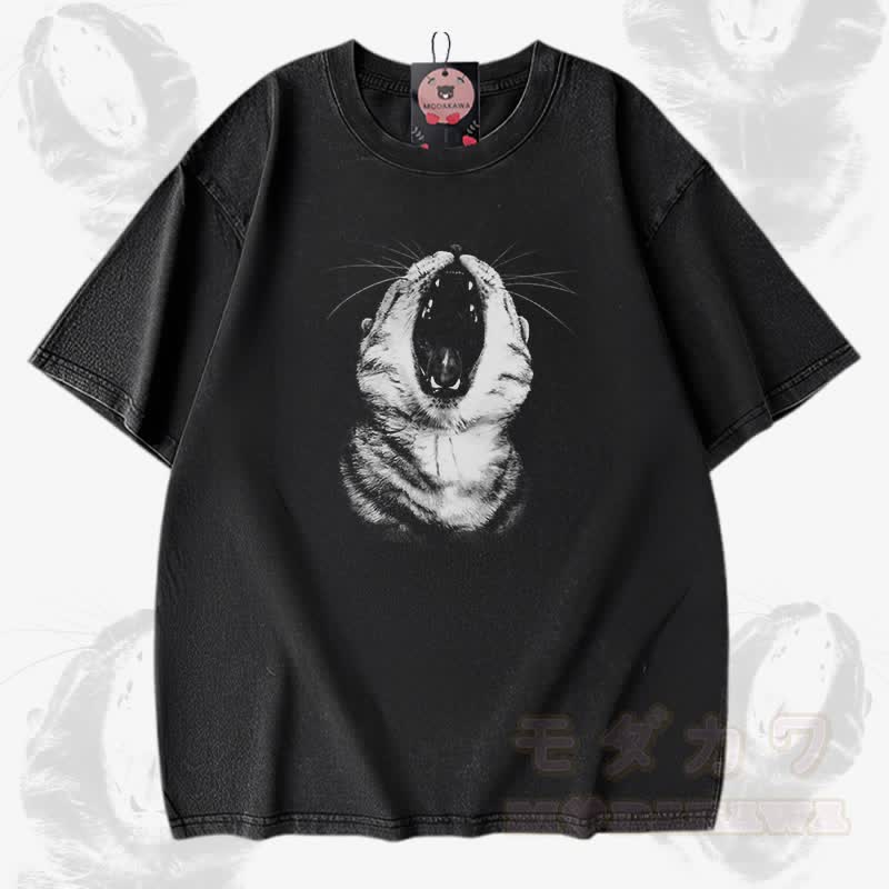 Cat Mouth Graphic Modakawa Vintage Washed 100% Cotton T-shirt - Black - 5XL - image 2