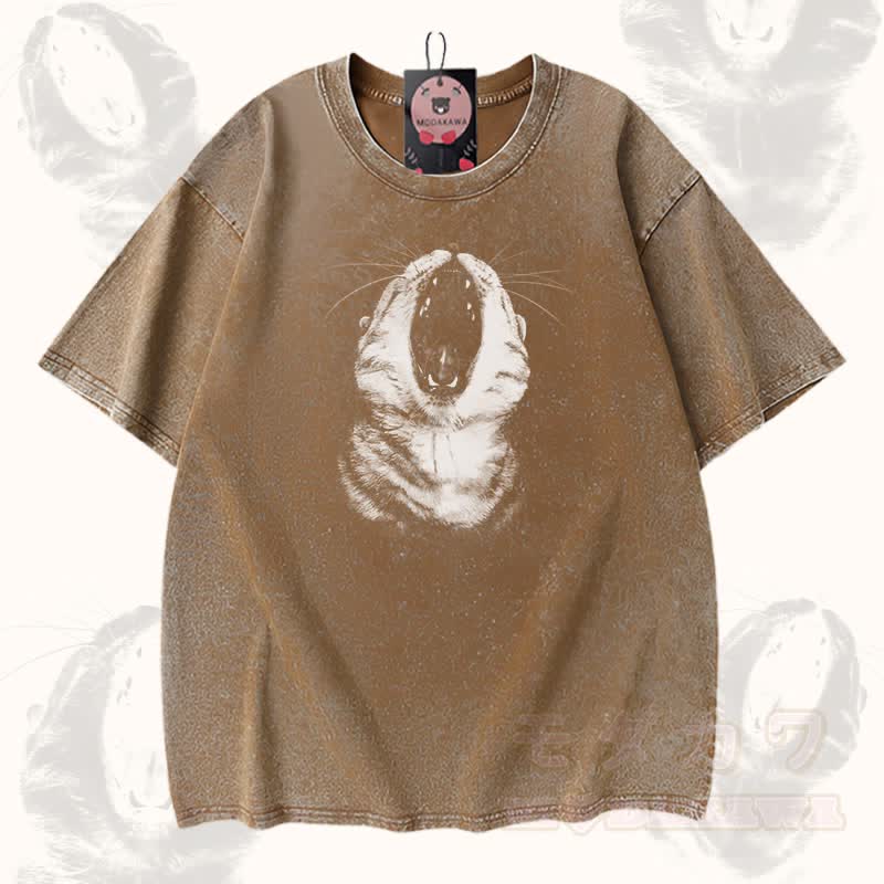Cat Mouth Graphic Modakawa Vintage Washed 100% Cotton T-shirt - Brown - 5XL - image 1
