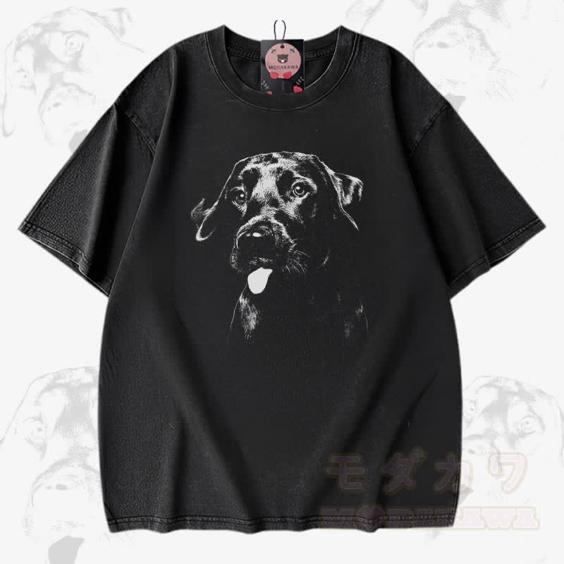 Puppy Tongue Graphic Modakawa Vintage Washed 100% Cotton T-shirt - Black - 5XL - image 2