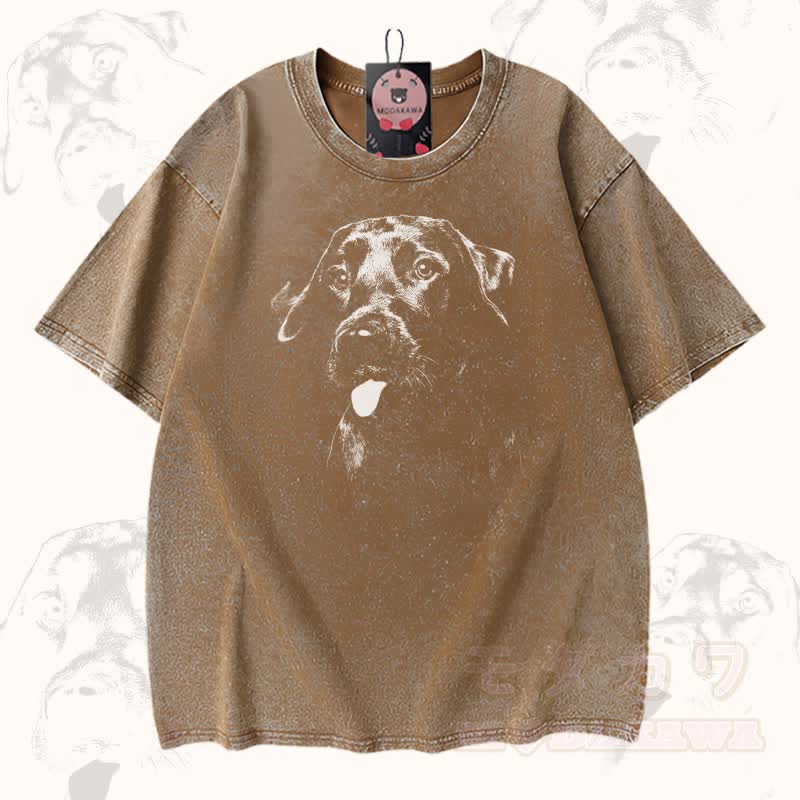 Puppy Tongue Graphic Modakawa Vintage Washed 100% Cotton T-shirt - Brown - 5XL - image 1