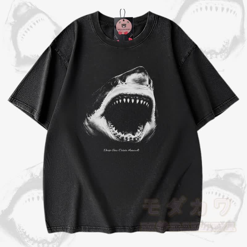 Shark Mouth Graphic Modakawa Vintage Washed 100% Cotton T-shirt - Black - 5XL - image 2