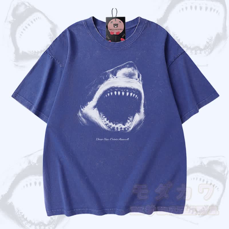 Shark Mouth Graphic Modakawa Vintage Washed 100% Cotton T-shirt - Blue - 5XL - image 1