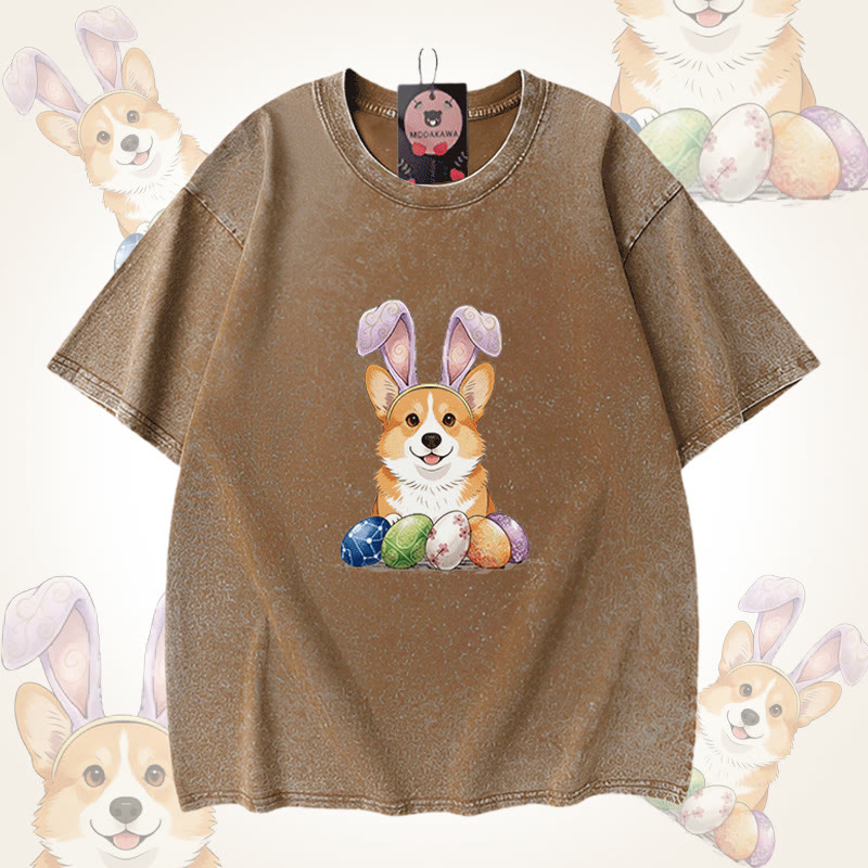 Easter Egg Puppy Graphic Modakawa Unisex Vintage Washed T-shirt - Brown - 5XL - image 5