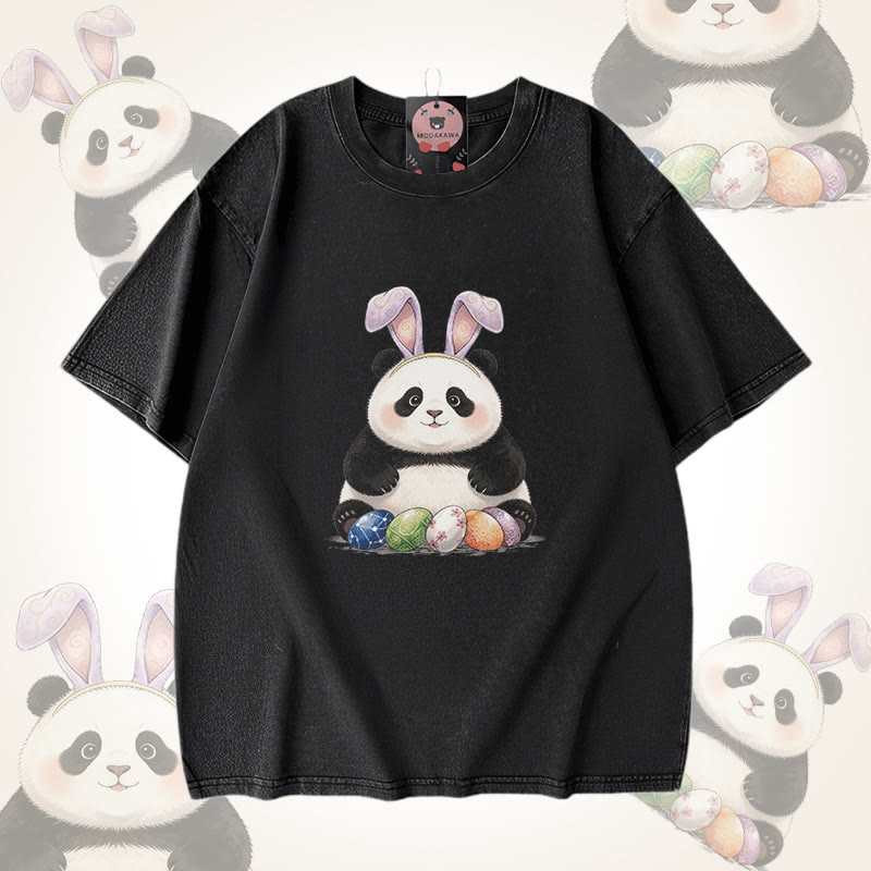 Easter Egg Panda Graphic Modakawa Unisex Vintage Washed T-shirt - Black - 5XL - image 1