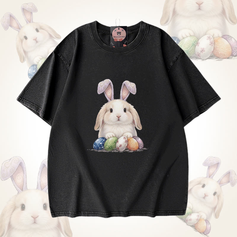 Easter Egg Bunny Graphic Modakawa Unisex Vintage Washed T-shirt - Black - 5XL - image 1