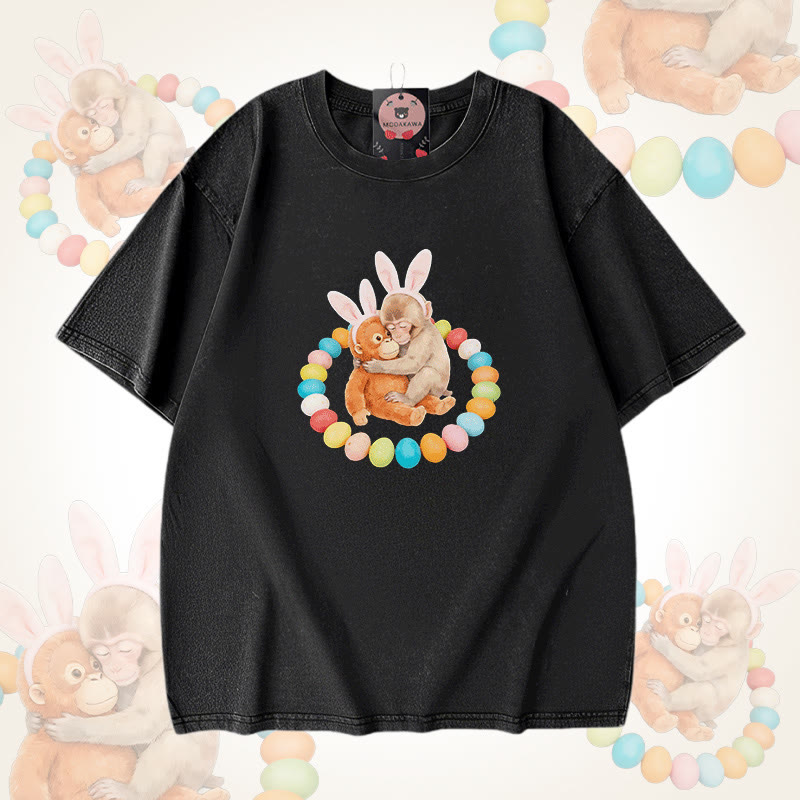 Easter Egg Monkey Graphic Modakawa Unisex Vintage Washed T-shirt - Black - 5XL - image 1
