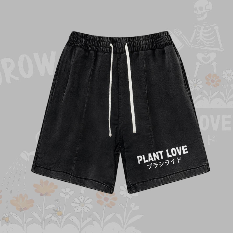 PLANT LOVE Letter Graphic Modakawa Vintage Washed Shorts - Black - 3XL - image 2