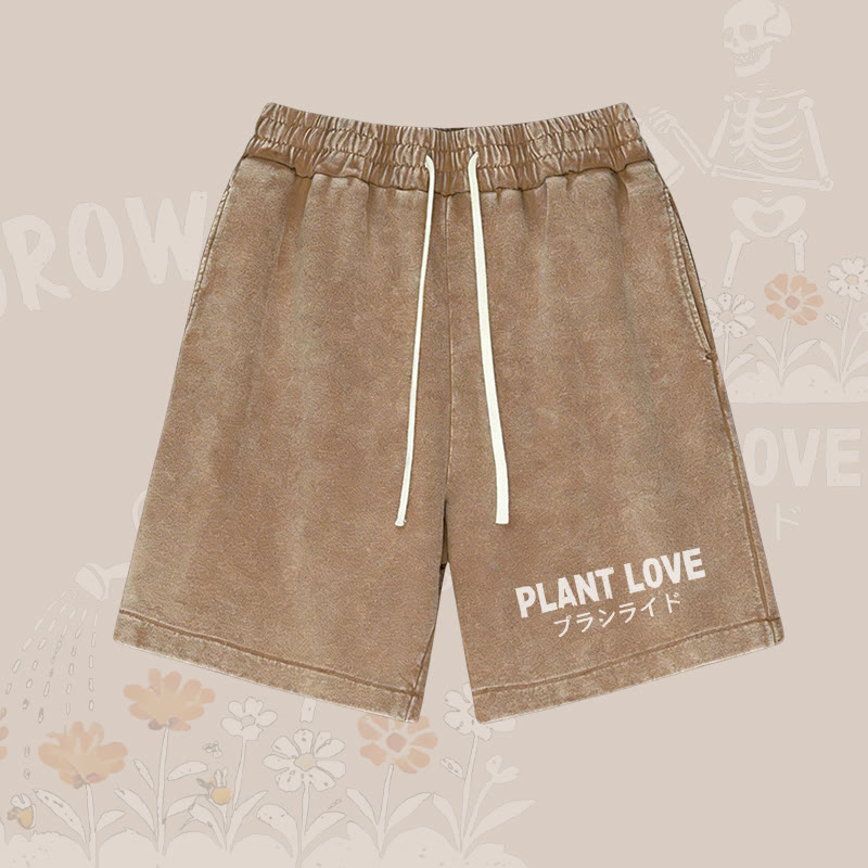 PLANT LOVE Letter Graphic Modakawa Vintage Washed Shorts - Brown - 3XL - image 1