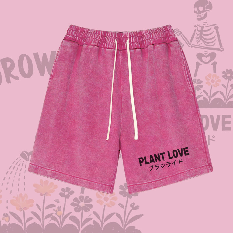 PLANT LOVE Letter Graphic Modakawa Vintage Washed Shorts - Rose Red - 3XL - image 4