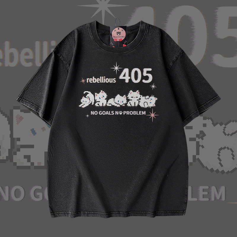 REBELLIOUS 405 Cat Graphic Modakawa Vintage Washed 100% Cotton T-shirt - Black - 5XL - image 1