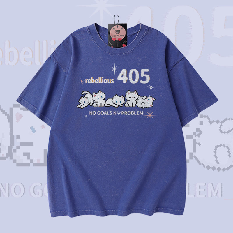 REBELLIOUS 405 Cat Graphic Modakawa Vintage Washed 100% Cotton T-shirt - Blue - 5XL - image 3