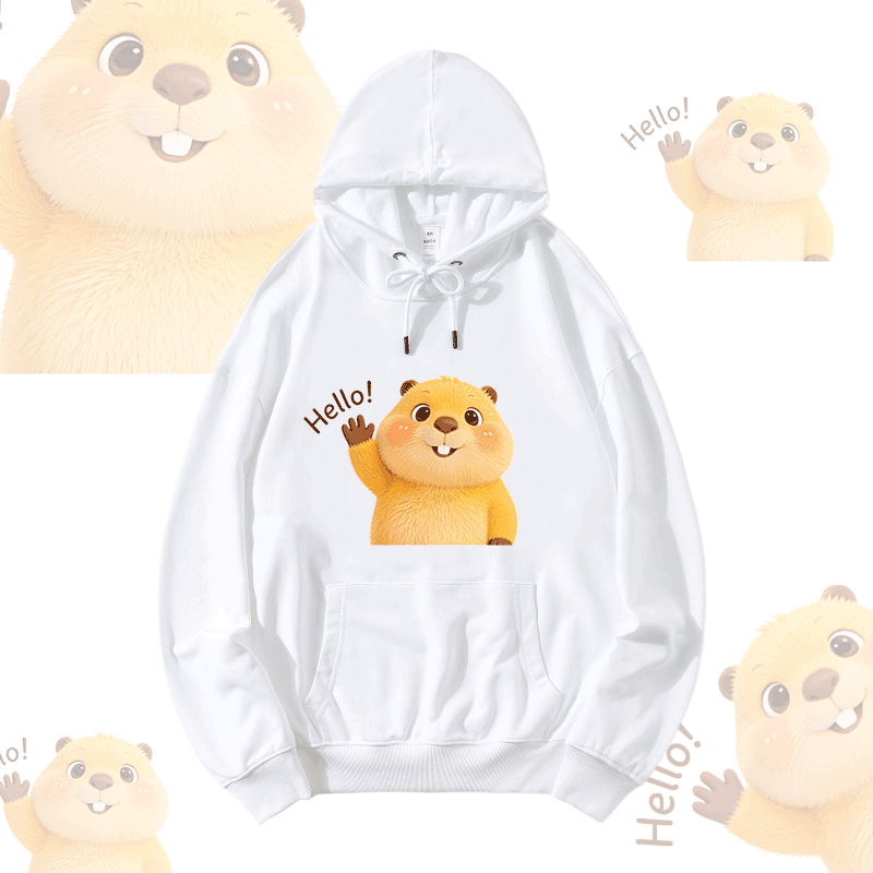 HELLO Capybara Graphic Modakawa Loose Cotton-Blend Hoodie - White - 5XL - image 1