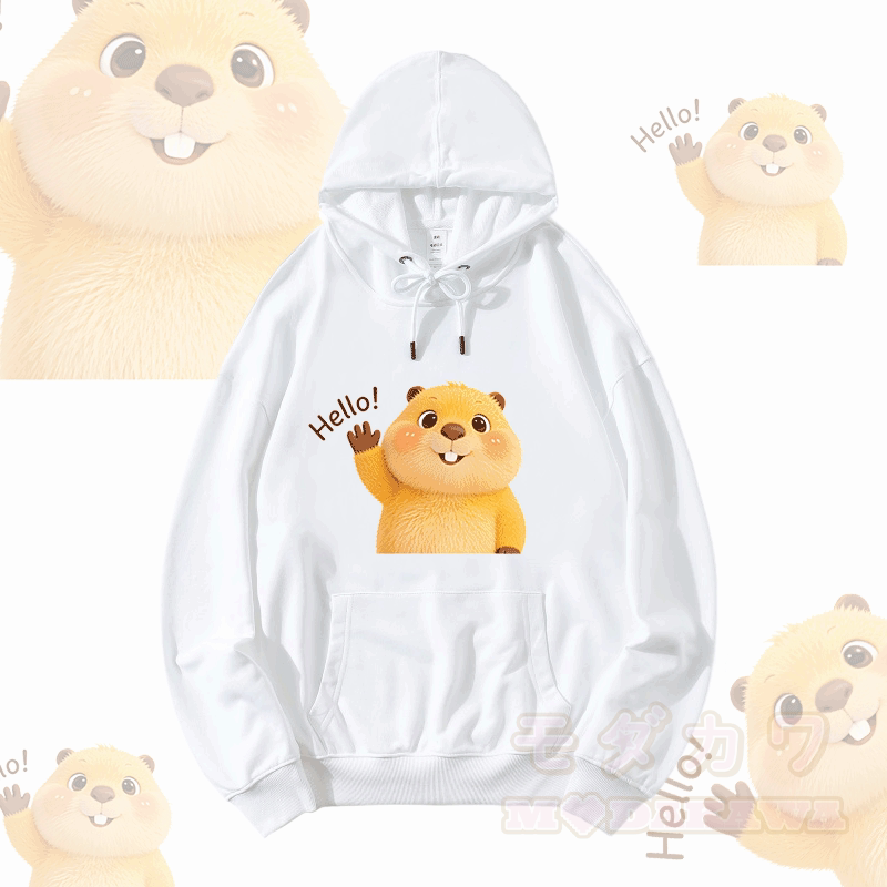HELLO Capybara Graphic Modakawa Loose Cotton-Blend Hoodie - White - 5XL - image 1