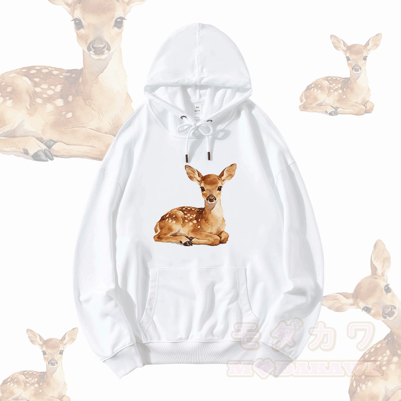 Cute Baby Deer Graphic Modakawa Loose Cotton-Blend Hoodie - White - 5XL - image 1