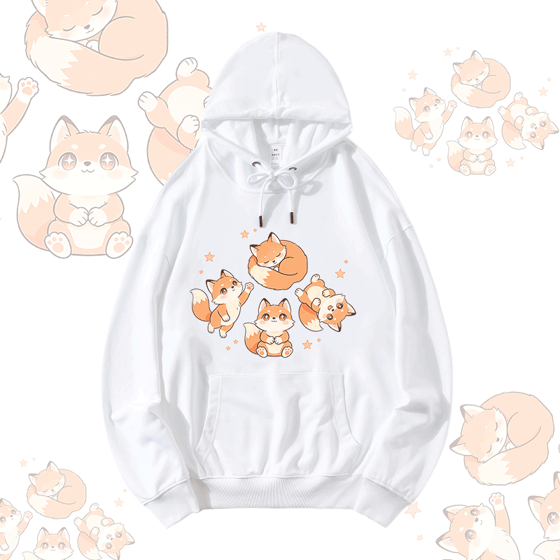 Cute Fox Graphic Modakawa Loose Cotton-Blend Hoodie - White - 5XL - image 1