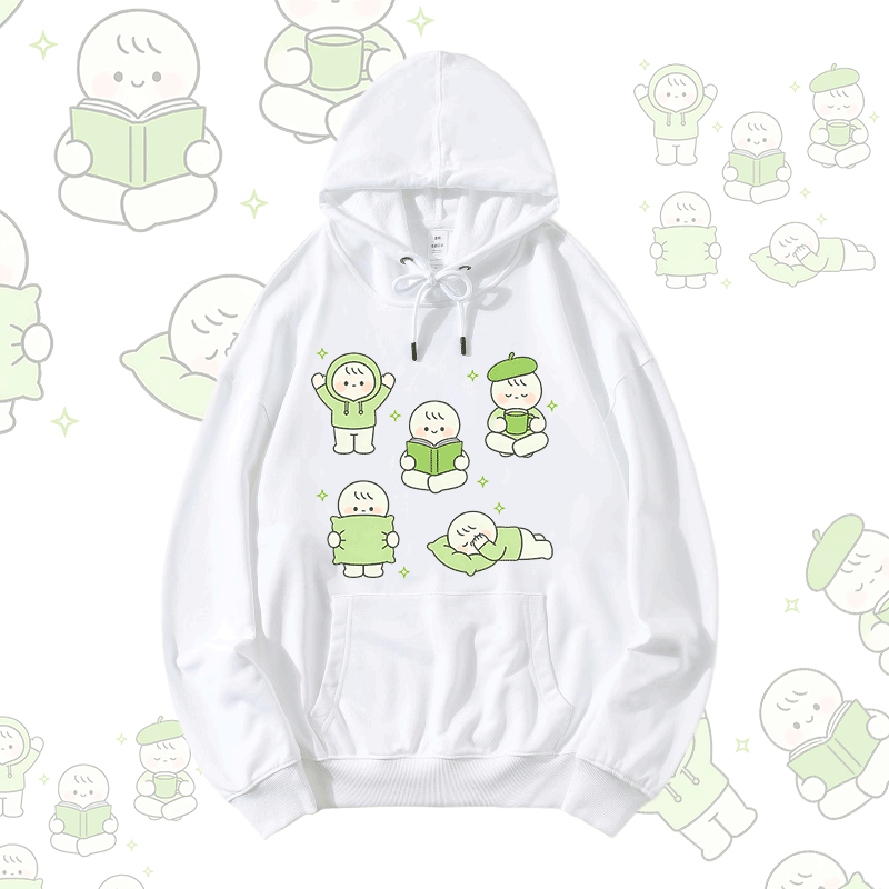 Cute Little Character Graphic Modakawa Loose Cotton-Blend Hoodie - White - 5XL - image 1