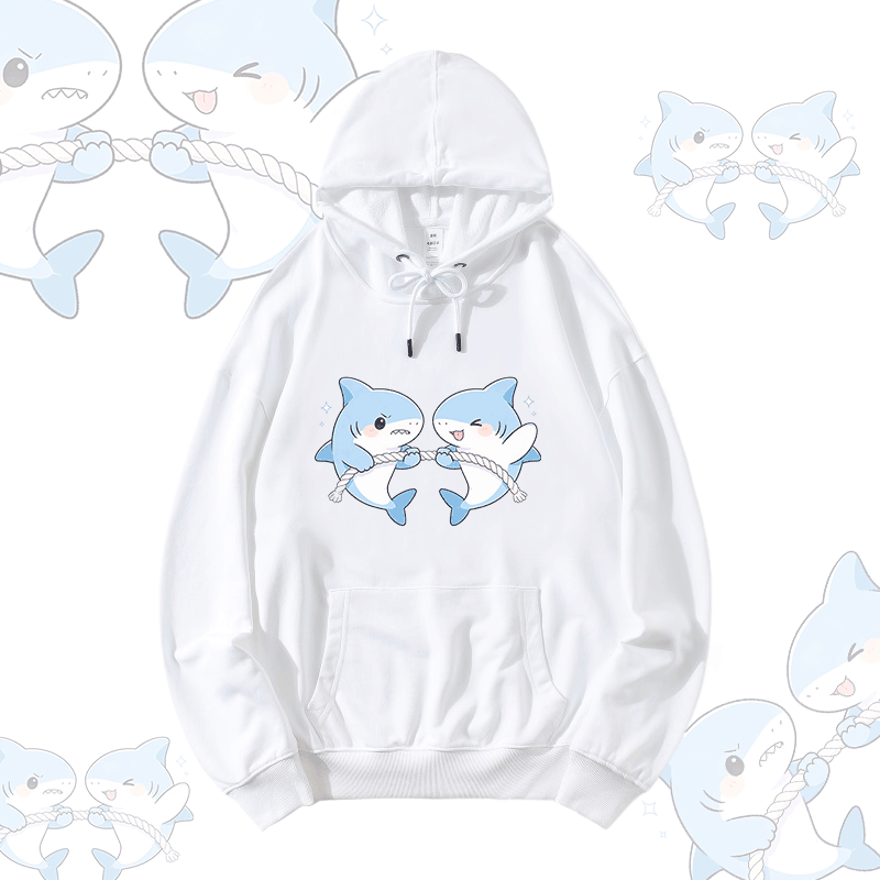 Cute Shark Game Graphic Modakawa Loose Cotton-Blend Hoodie - White - 5XL - image 1