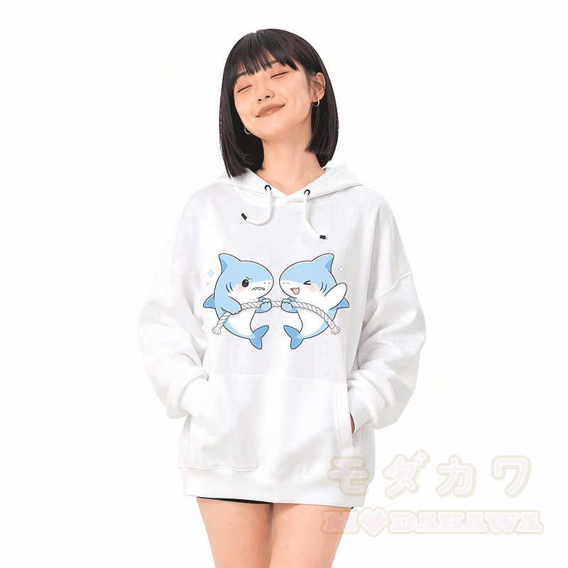 Cute Shark Game Graphic Modakawa Loose Cotton-Blend Hoodie - image 2