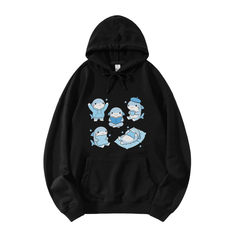 Cute Sharks Graphic Modakawa Loose Cotton-Blend Hoodie - Black - 5XL - image 3