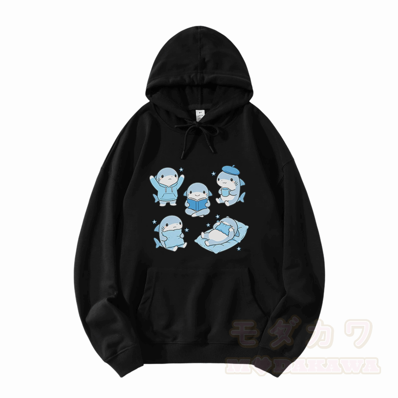 Cute Sharks Graphic Modakawa Loose Cotton-Blend Hoodie - Black - 5XL - image 3