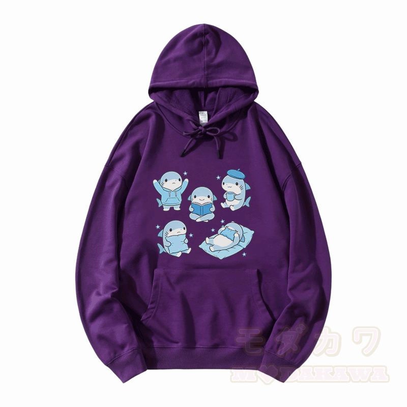 Cute Sharks Graphic Modakawa Loose Cotton-Blend Hoodie - Purple - 5XL - image 6