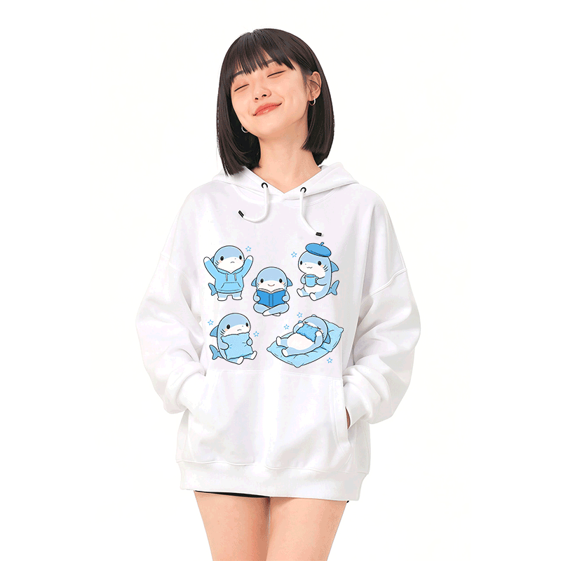 Cute Sharks Graphic Modakawa Loose Cotton-Blend Hoodie - image 2