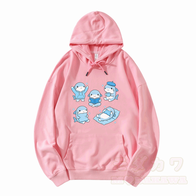 Cute Sharks Graphic Modakawa Loose Cotton-Blend Hoodie - Pink - 5XL - image 4