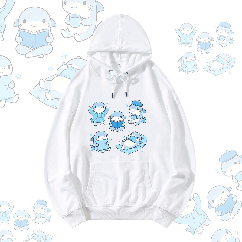 Cute Sharks Graphic Modakawa Loose Cotton-Blend Hoodie - White - 5XL - image 1