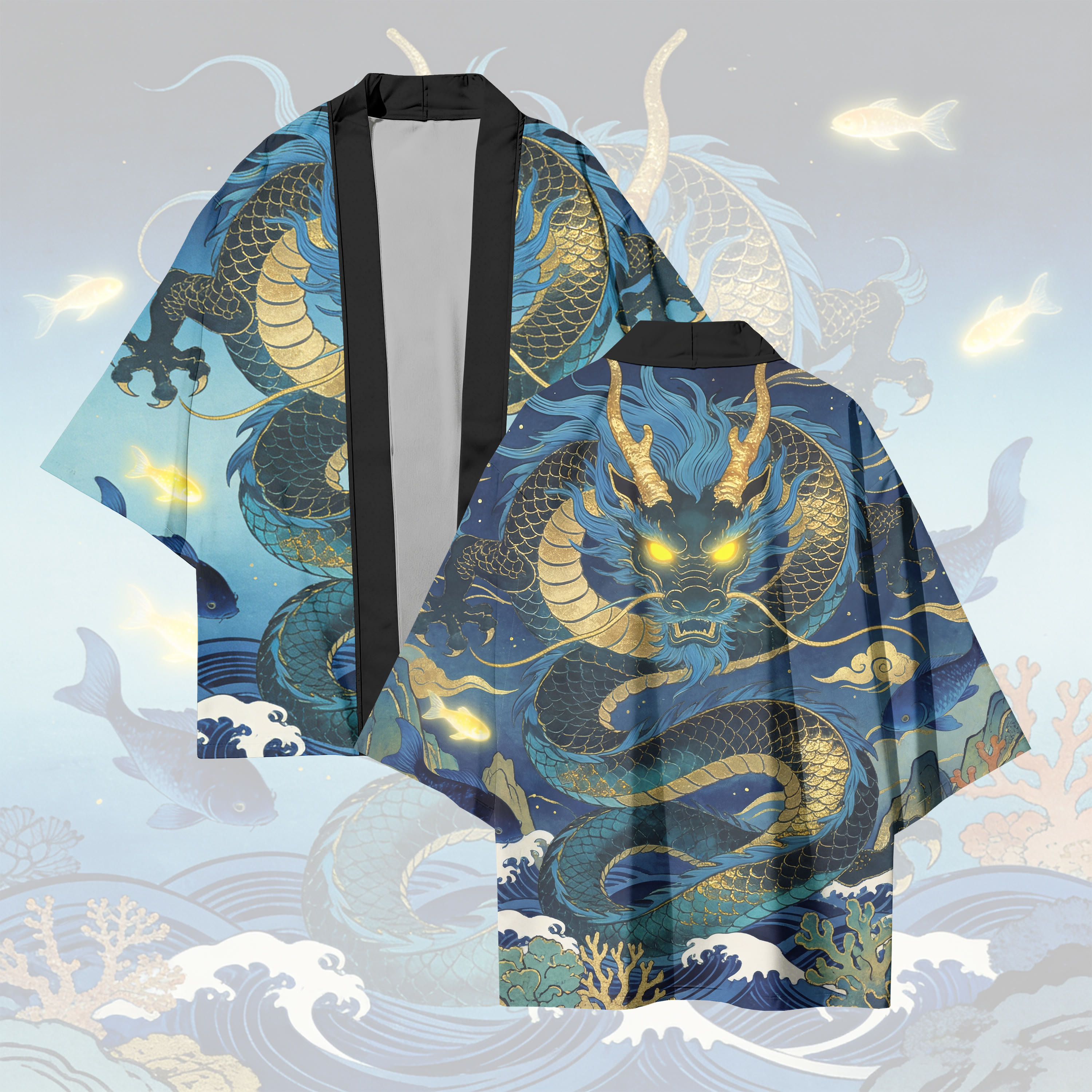 Deep Sea King Dragon Graphic Modakawa Cardigan Kimono Outerwear - Blue - 3XL - image 1