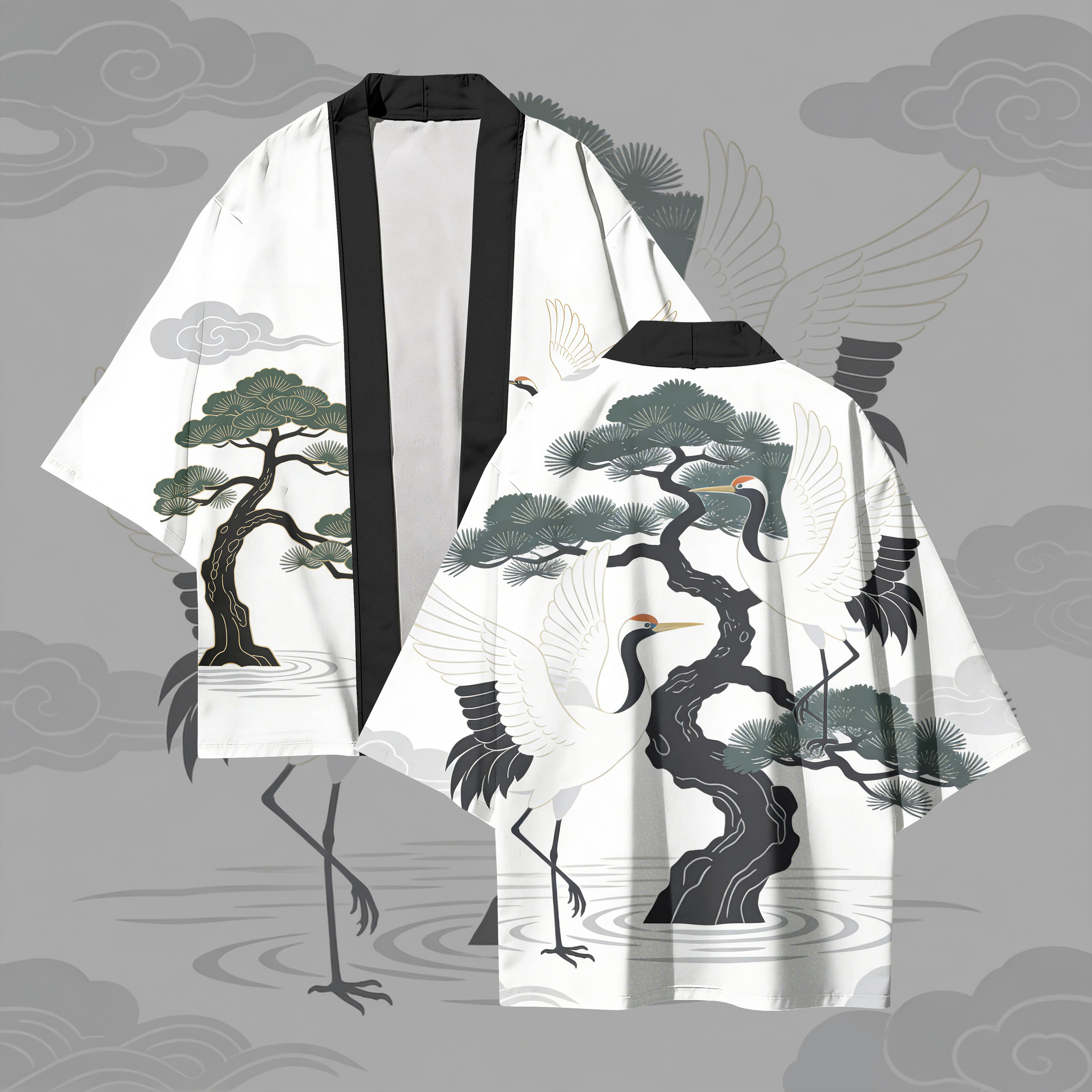Pine Tree White Crane Graphic Modakawa Cardigan Kimono Outerwear - Black & White - 3XL - image 1